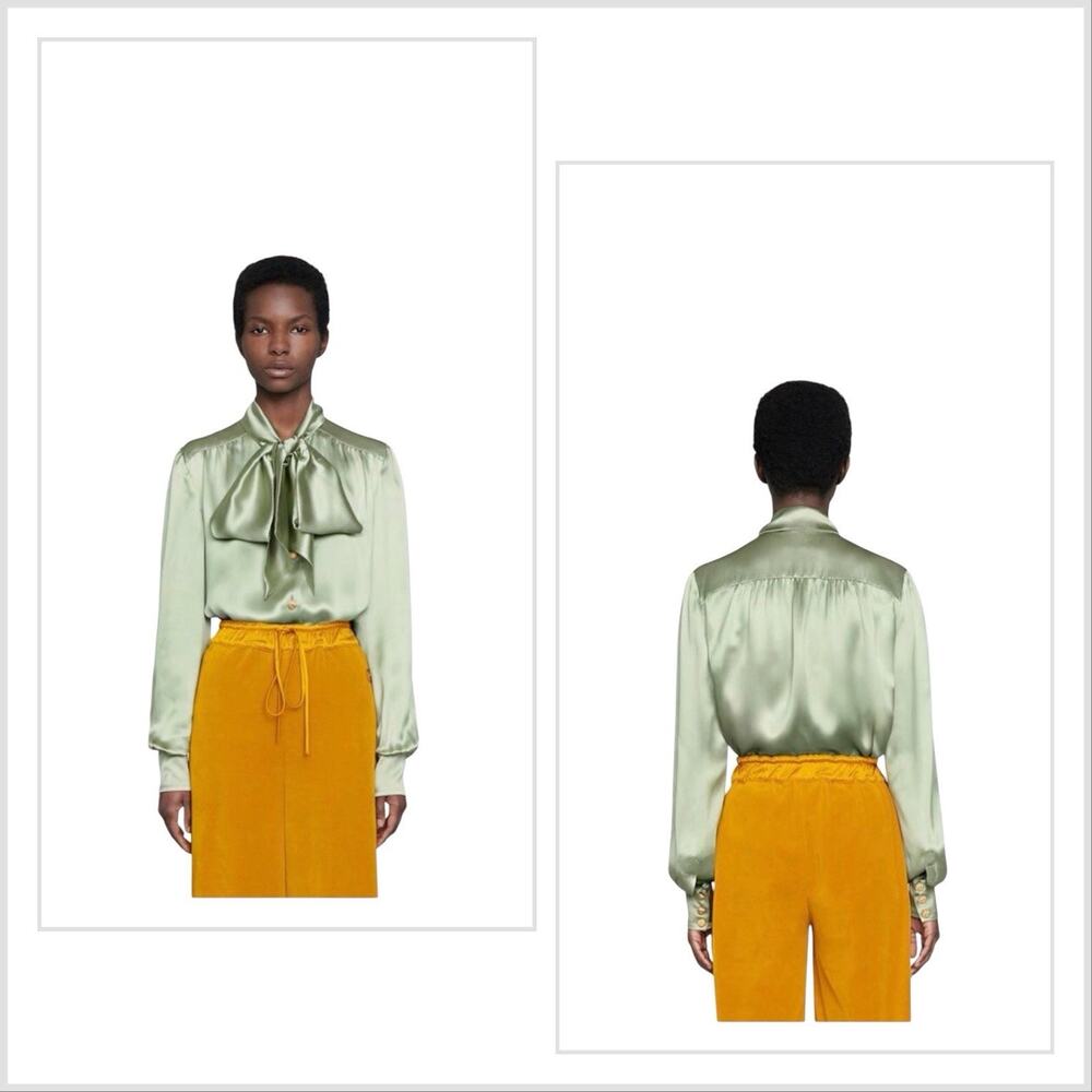 GUCCI WOMEN BLOUSE LONG SLEEVE TOP Green 100% SILK NWT Bow Size 36 US 0